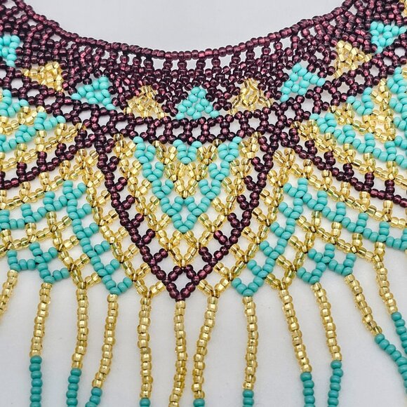 Huichol Beaded Collar Necklace| Handmade Purple, Turquoise & Gold – New from Mex - Picture 12 of 16